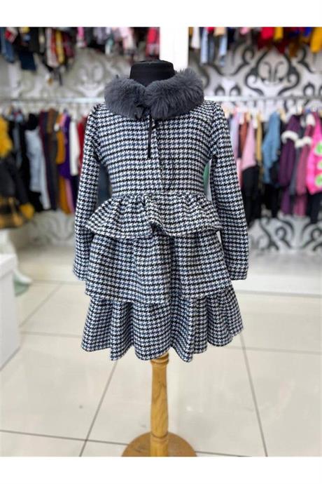 Kız Çocuk Yakası Kürklü Kazayağı Desenli Uzun Kollu Kat Kat Elbise Lacivert 12 Yaş