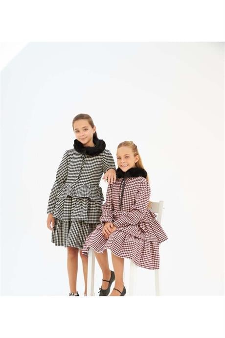 Kız Çocuk Yakası Kürklü Kazayağı Desenli Uzun Kollu Kat Kat Elbise Siyah 12 Yaş