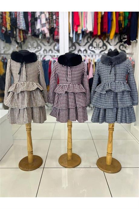 Kız Çocuk Yakası Kürklü Kazayağı Desenli Uzun Kollu Kat Kat Elbise Kahverengi 8 Yaş