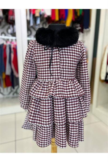 Kız Çocuk Yakası Kürklü Kazayağı Desenli Uzun Kollu Kat Kat Elbise Bordo 12 Yaş