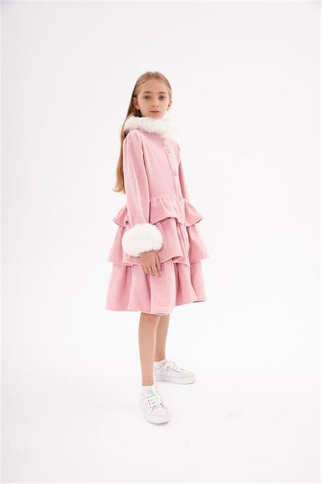 Kız Çocuk Yakası Ve Kolları Beyaz Kürklü Kaşe Kaban Pembe 6 Yaş