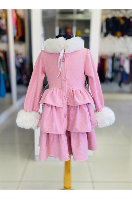 Kız Çocuk Yakası Ve Kolları Beyaz Kürklü Kaşe Kaban Pembe 12 Yaş