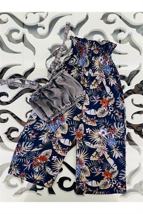 Kız Çocuk Yaprak Desenli Salaş Pantolon Kot Büstiyer Ikili Takım LACİVERT 4 Yaş