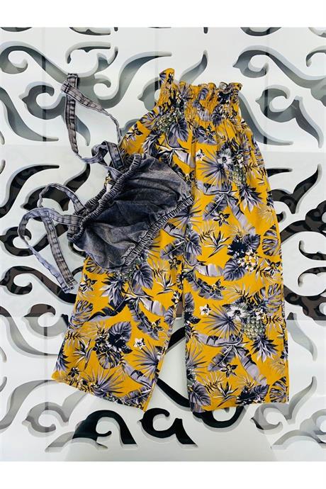 Kız Çocuk Yaprak Desenli Salaş Pantolon Kot Büstiyer Ikili Takım HARDAL 10 Yaş