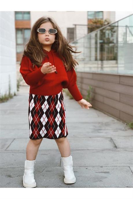 Kız Çocuk Yarasa Kol Triko Kazak Baklava Desenli Etek 2'li Takım Kırmızı 4 Yaş