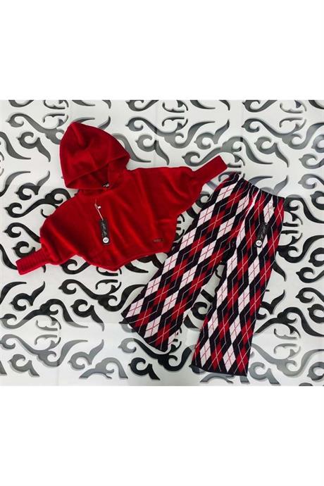 Kız Çocuk Yarasa Kol Triko Kazak Baklava Desenli Pantolon 2'li Takım Kırmızı 10 Yaş