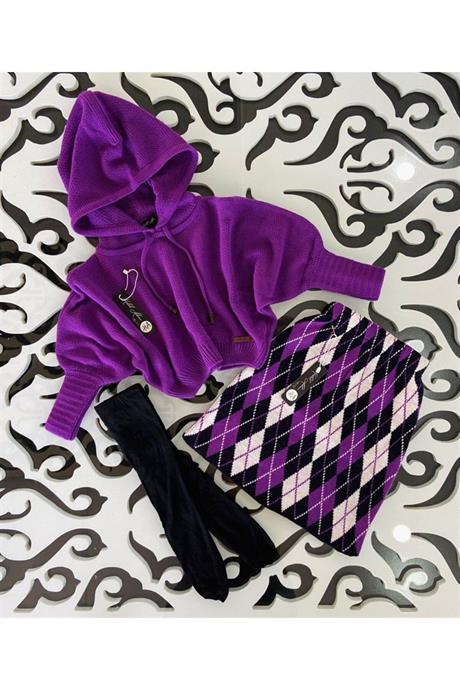 Kız Çocuk Yarasa Kol Triko Kazak Baklava Desenli Etek 2'li Takım Mor 8 Yaş