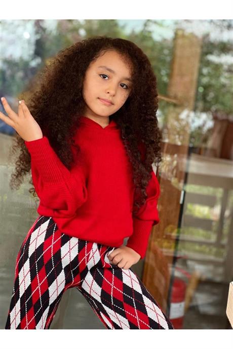 Kız Çocuk Yarasa Kol Triko Kazak Baklava Desenli Pantolon 2'li Takım Kırmızı 8 Yaş