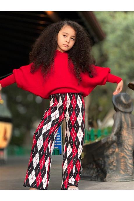 Kız Çocuk Yarasa Kol Triko Kazak Baklava Desenli Pantolon 2'li Takım Kırmızı 10 Yaş
