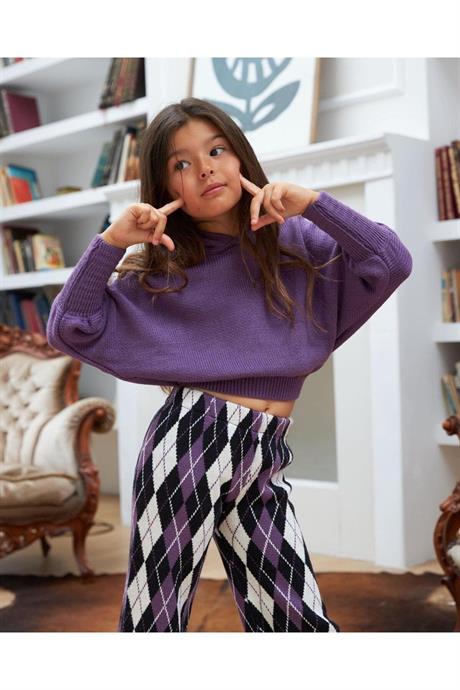 Kız Çocuk Yarasa Kol Triko Kazak Baklava Desenli Pantolon 2'li Takım Mor 4 Yaş