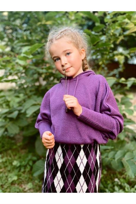 Kız Çocuk Yarasa Kol Triko Kazak Baklava Desenli Etek 2'li Takım Mor 10 Yaş