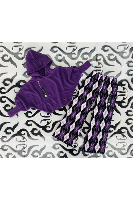 Kız Çocuk Yarasa Kol Triko Kazak Baklava Desenli Pantolon 2'li Takım Mor 8 Yaş