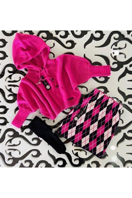 Kız Çocuk Yarasa Kol Triko Kazak Baklava Desenli Etek 2'li Takım Pembe 12 Yaş