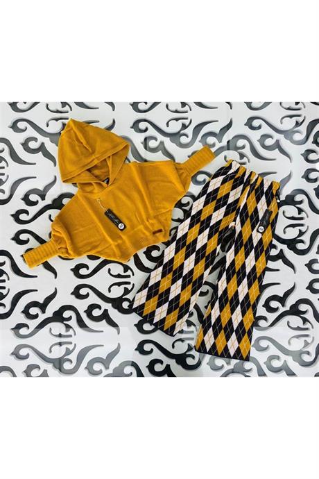 Kız Çocuk Yarasa Kol Triko Kazak Baklava Desenli Pantolon 2'li Takım Hardal 8 Yaş