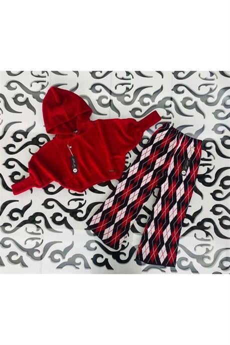 Kız Çocuk Yarasa Kol Triko Kazak Baklava Desenli Pantolon 2'li Takım Kırmızı 4 Yaş