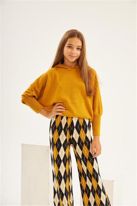 Kız Çocuk Yarasa Kol Triko Kazak Baklava Desenli Pantolon 2'li Takım Hardal 14 Yaş