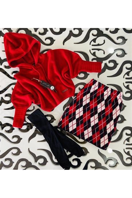 Kız Çocuk Yarasa Kol Triko Kazak Baklava Desenli Etek 2'li Takım Kırmızı 6 Yaş