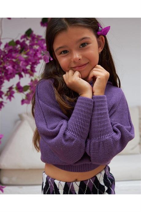 Kız Çocuk Yarasa Kol Triko Kazak Baklava Desenli Pantolon 2'li Takım Mor 10 Yaş