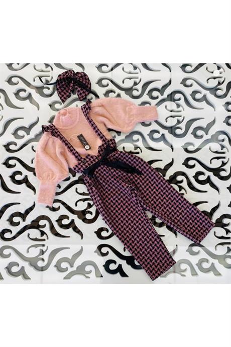 Kız Çocuk Yarım Balıkçı Yaka Triko Kazak Kazayağı Model Salopet Kahverengi Pantolon Toka 3'lü Takım PEMBE 12 Yaş