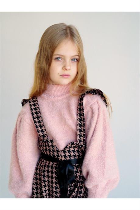 Kız Çocuk Yarım Balıkçı Yaka Triko Kazak Kazayağı Model Salopet Kahverengi Pantolon Toka 3'lü Takım KAHVERENGİ 6 Yaş