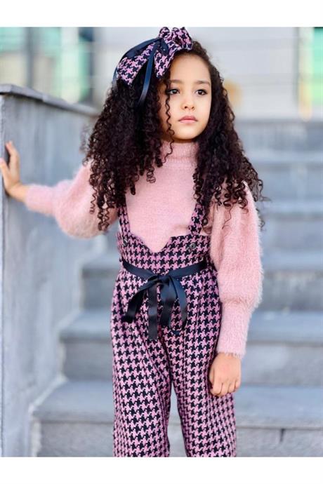 Kız Çocuk Yarım Balıkçı Yaka Triko Kazak Kazayağı Model Salopet Kahverengi Pantolon Toka 3'lü Takım PEMBE 4 Yaş