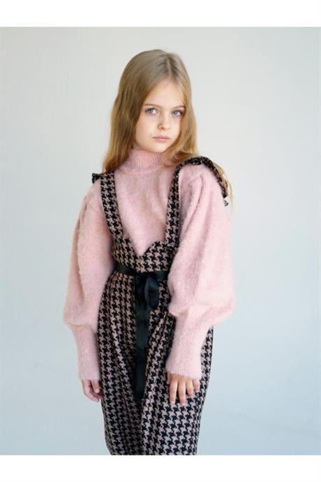 Kız Çocuk Yarım Balıkçı Yaka Triko Kazak Kazayağı Model Salopet Kahverengi Pantolon Toka 3'lü Takım KAHVERENGİ 12 Yaş