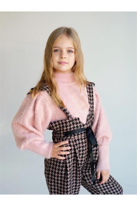 Kız Çocuk Yarım Balıkçı Yaka Triko Kazak Kazayağı Model Salopet Kahverengi Pantolon Toka 3'lü Takım KAHVERENGİ 8 Yaş