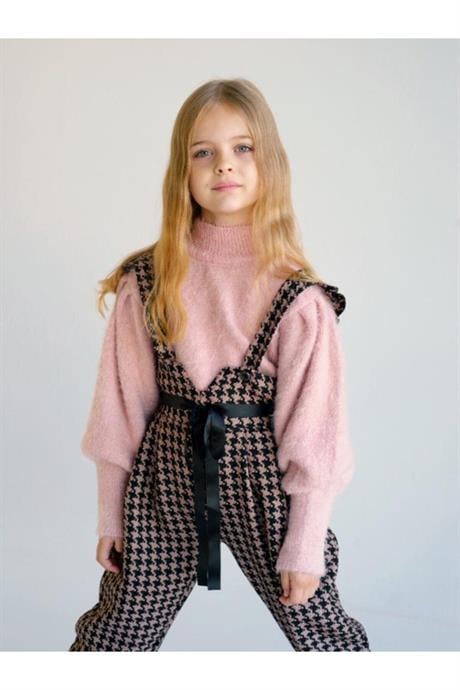 Kız Çocuk Yarım Balıkçı Yaka Triko Kazak Kazayağı Model Salopet Kahverengi Pantolon Toka 3'lü Takım KAHVERENGİ 6 Yaş