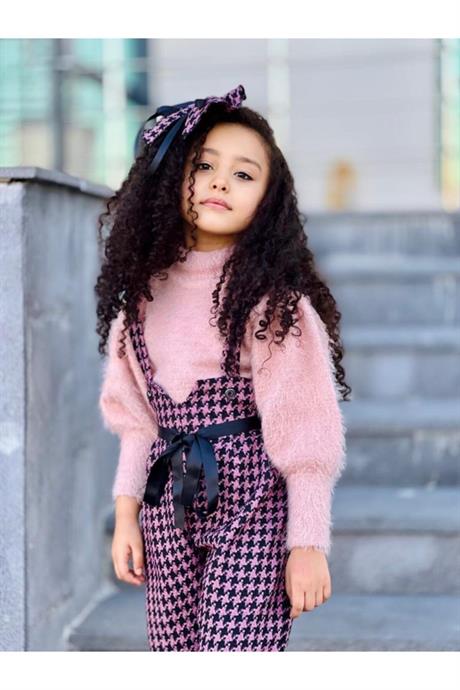 Kız Çocuk Yarım Balıkçı Yaka Triko Kazak Kazayağı Model Salopet Kahverengi Pantolon Toka 3'lü Takım PEMBE 12 Yaş