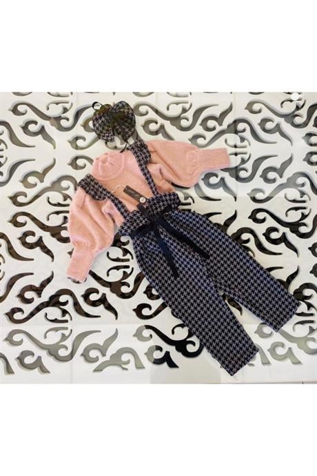 Kız Çocuk Yarım Balıkçı Yaka Triko Kazak Kazayağı Model Salopet Kahverengi Pantolon Toka 3'lü Takım MAVİ 4 Yaş