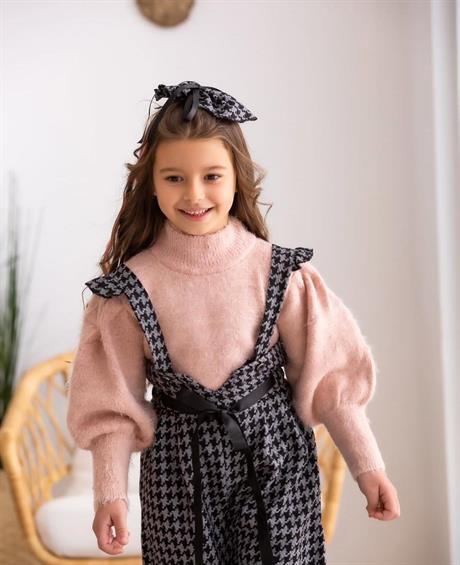 Kız Çocuk Yarım Balıkçı Yaka Triko Kazak Kazayağı Model Salopet Kahverengi Pantolon Toka 3'lü Takım MAVİ 4 Yaş