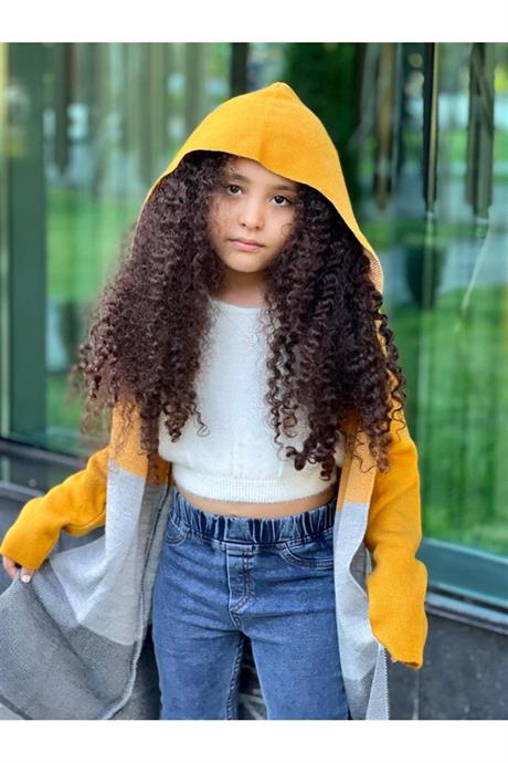 Kız Çocuk Yazılı Triko Hırka Crop Kazak Kot Pantolon 3'lü Takım Hardal 4 Yaş