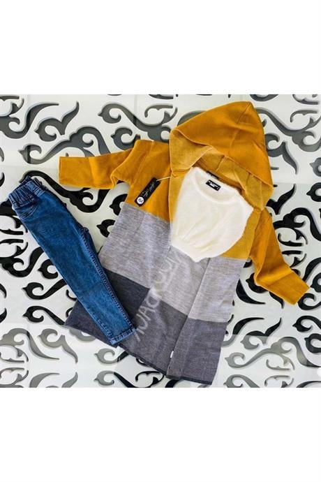 Kız Çocuk Yazılı Triko Hırka Crop Kazak Kot Pantolon 3'lü Takım Hardal 12 Yaş