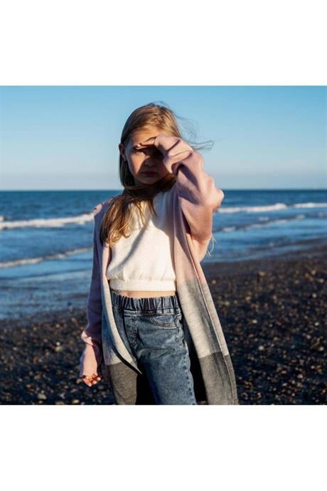 Kız Çocuk Yazılı Triko Hırka Crop Kazak Kot Pantolon 3'lü Takım Pudra 4 Yaş