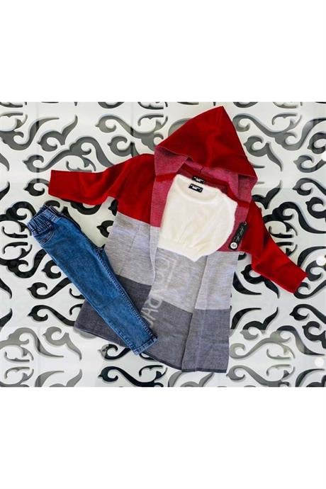 Kız Çocuk Yazılı Triko Hırka Crop Kazak Kot Pantolon 3'lü Takım Kırmızı 4 Yaş