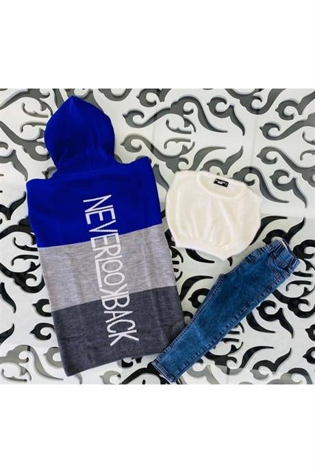 Kız Çocuk Yazılı Triko Hırka Crop Kazak Kot Pantolon 3'lü Takım Saks 6 Yaş