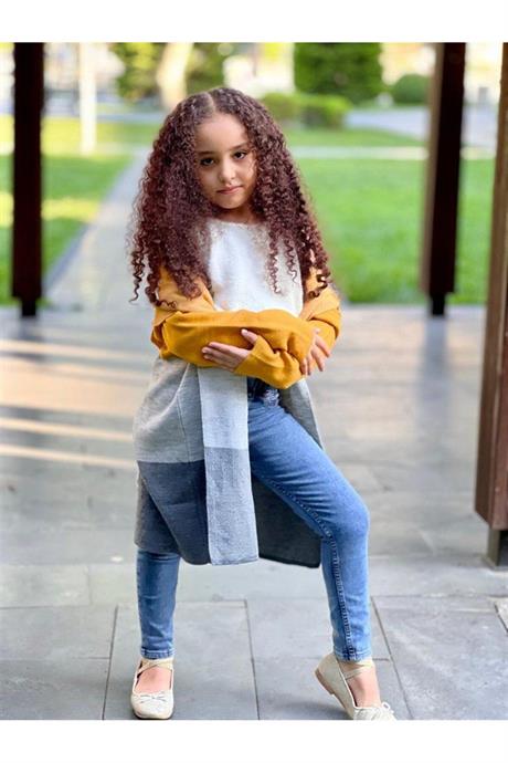 Kız Çocuk Yazılı Triko Hırka Crop Kazak Kot Pantolon 3'lü Takım Hardal 6 Yaş