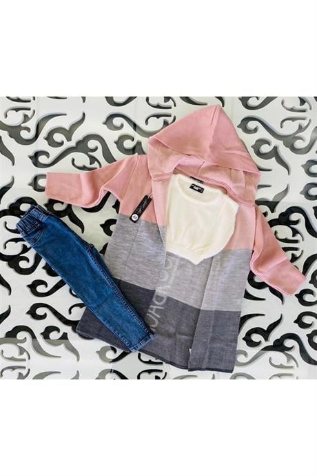 Kız Çocuk Yazılı Triko Hırka Crop Kazak Kot Pantolon 3'lü Takım Pudra 6 Yaş