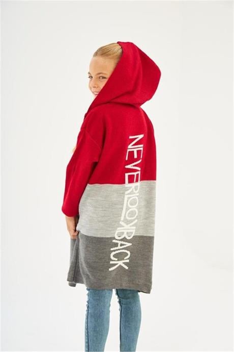 Kız Çocuk Yazılı Triko Hırka Crop Kazak Kot Pantolon 3'lü Takım Kırmızı 6 Yaş