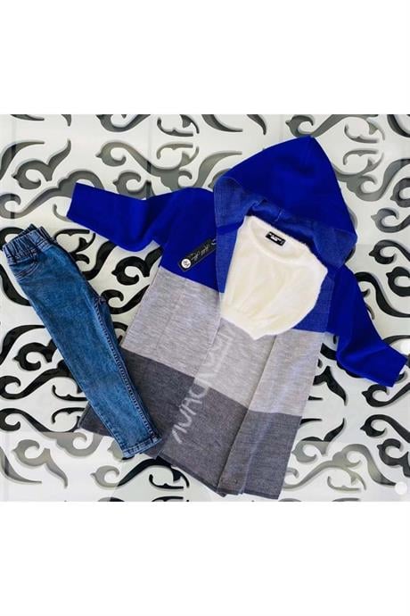 Kız Çocuk Yazılı Triko Hırka Crop Kazak Kot Pantolon 3'lü Takım Saks 6 Yaş