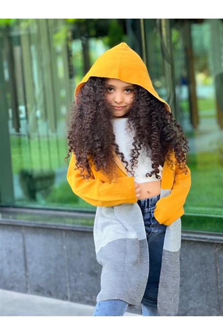 Kız Çocuk Yazılı Triko Hırka Crop Kazak Kot Pantolon 3'lü Takım Hardal 10 Yaş