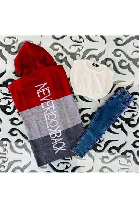 Kız Çocuk Yazılı Triko Hırka Crop Kazak Kot Pantolon 3'lü Takım Kırmızı 10 Yaş