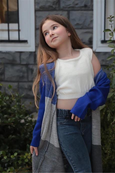 Kız Çocuk Yazılı Triko Hırka Crop Kazak Kot Pantolon 3'lü Takım Saks 12 Yaş