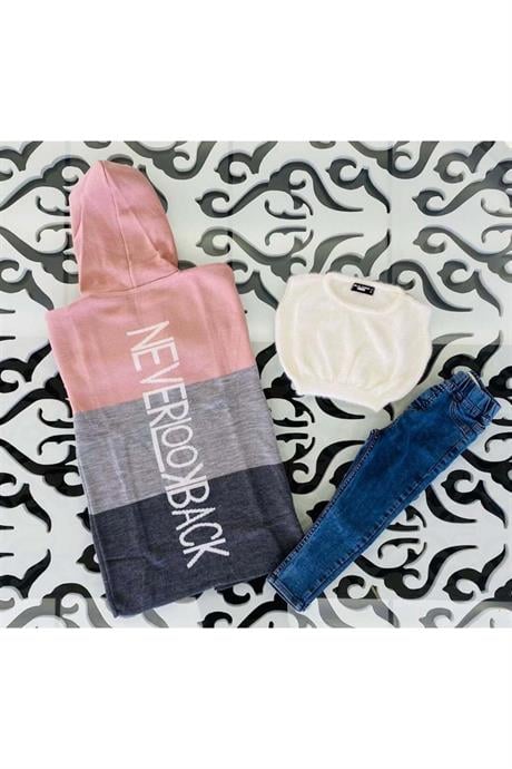 Kız Çocuk Yazılı Triko Hırka Crop Kazak Kot Pantolon 3'lü Takım Pudra 10 Yaş