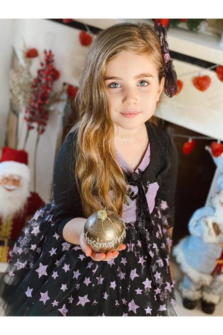 Kız Çocuk Yıldızlı Simli Love Model Abiye Elbise MOR 4 Yaş