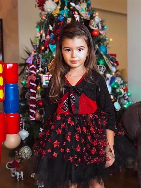 Kız Çocuk Yıldızlı Simli Love Model Abiye Elbise KIRMIZI 12 Yaş