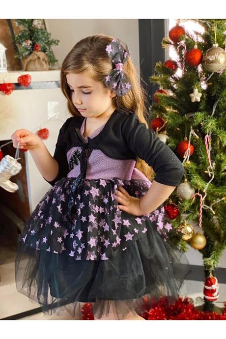 Kız Çocuk Yıldızlı Simli Love Model Abiye Elbise MOR 4 Yaş