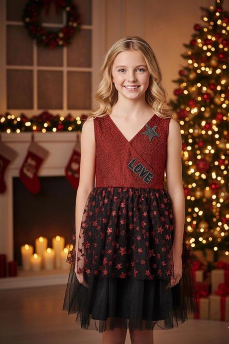 Kız Çocuk Yıldızlı Simli Love Model Abiye Elbise KIRMIZI 4 Yaş