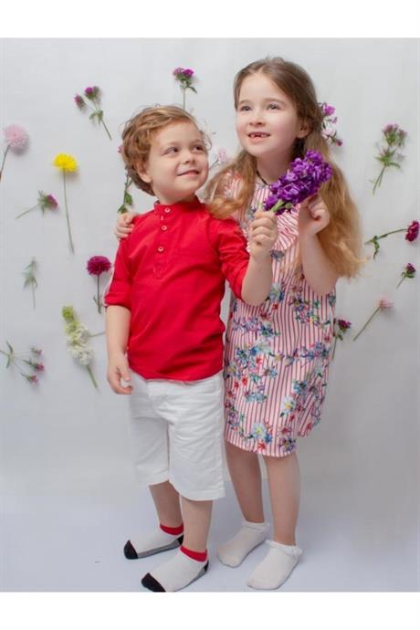 Kız Erkek Kombin Kırmızı Gömlek Kapri 2'li Takım KIRMIZI 8 Yaş