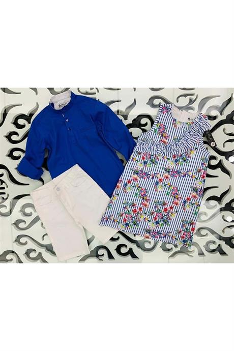 Kız Erkek Kombin Kırmızı Gömlek Kapri 2'li Takım MAVİ 10 Yaş